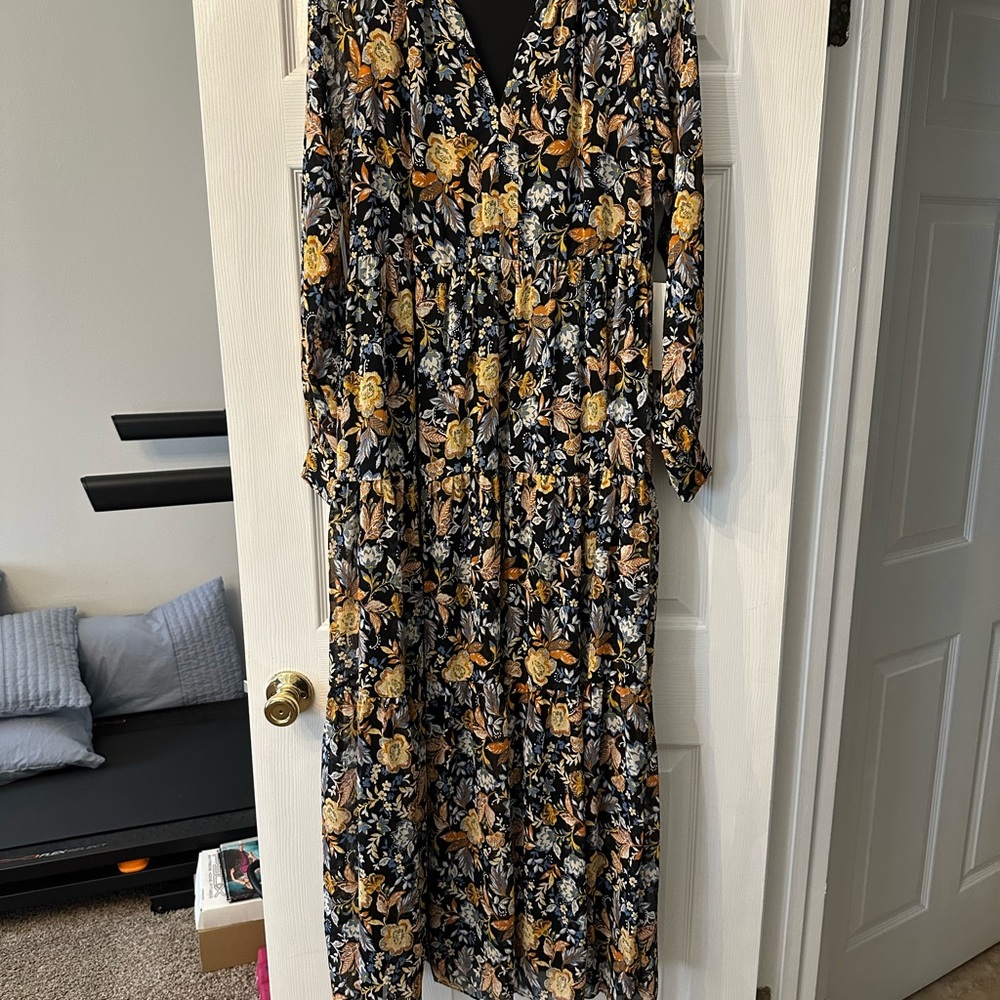 NWT - Lucky Brand Floral Black and Yellow Tiered Maxi Women's Dress